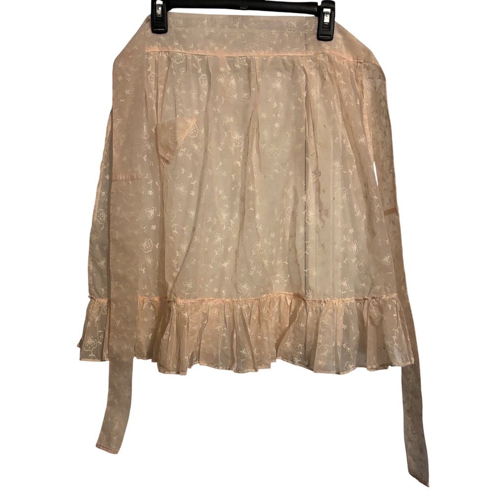 Vintage Pink Sheer Floral Strawberry Embroidered Ruffle Half Apron